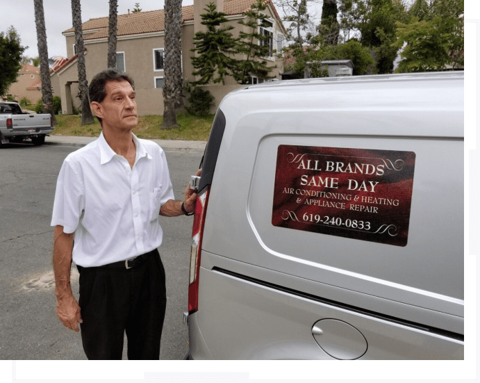 A man standing next to an air conditioning van.